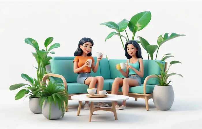 Friends Drinking Coffee Sitting on the Sofa 3D Cartoon Illustration image